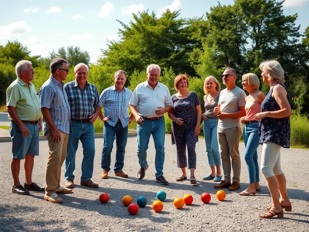 A group of JBB members participating in a friendly boules match on a sunny afternoon, showcasing the camaraderie and fun of the sport.