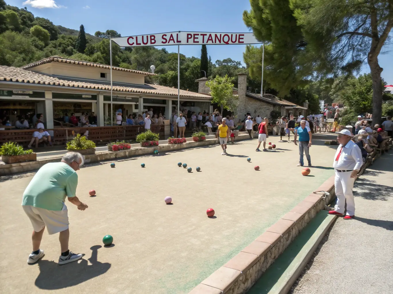 A vibrant scene from a JBB community boules tournament, with participants of all ages and backgrounds competing and celebrating.